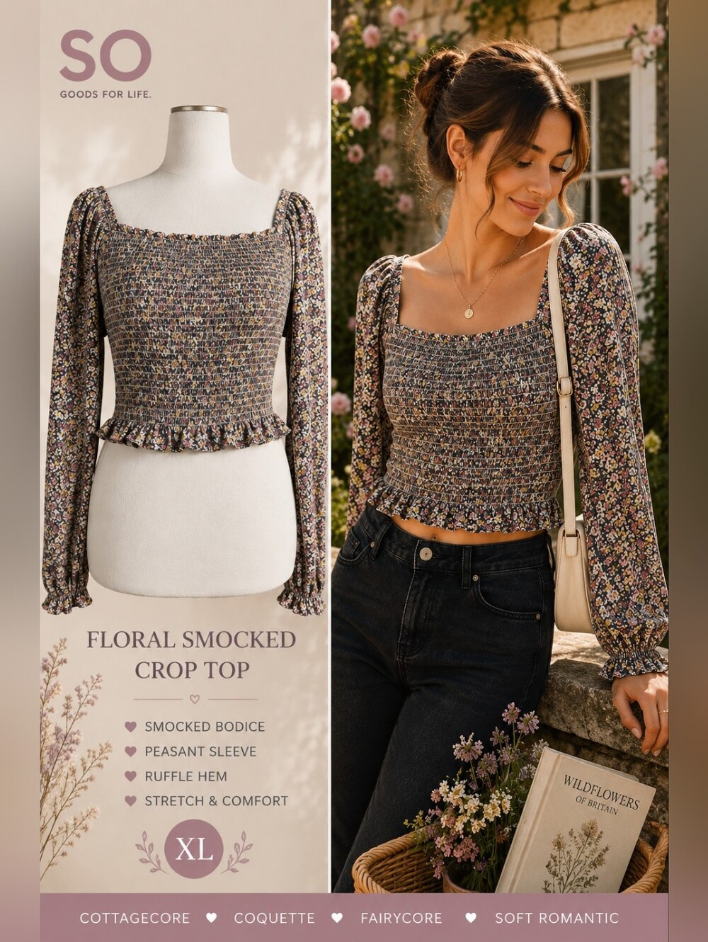 SO Floral Smocked Bodice Crop Top Peasant Sleeve Coquette XL